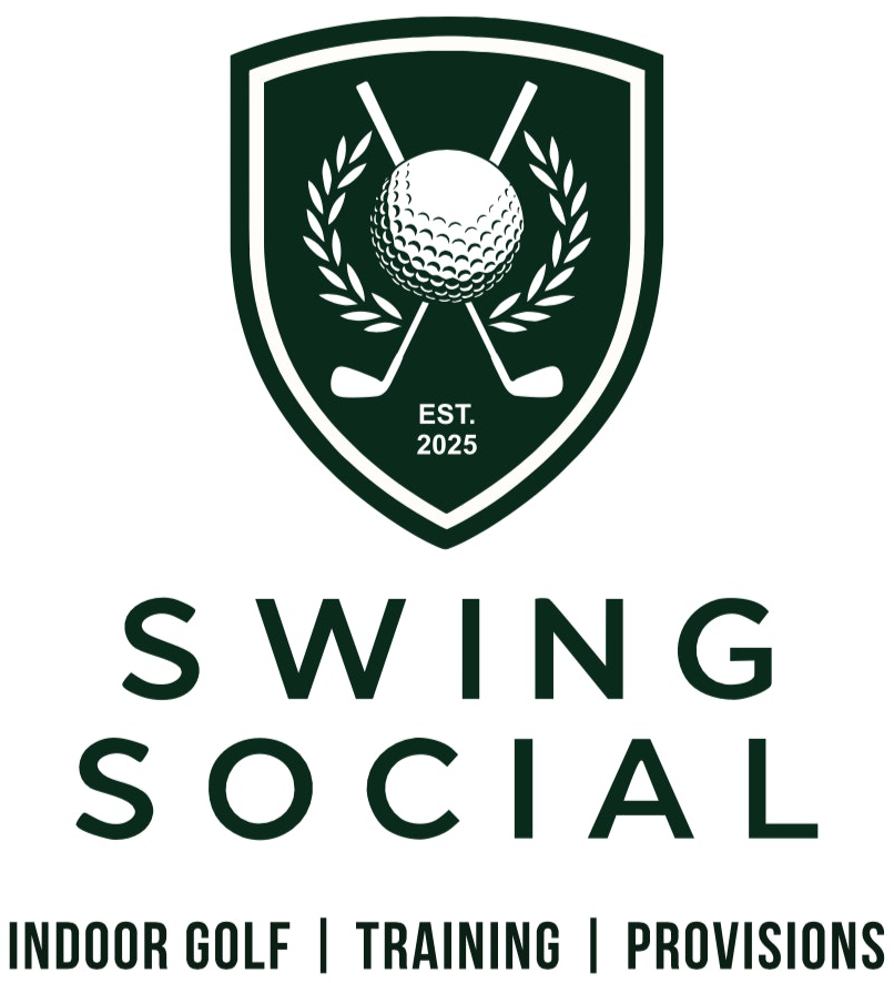 Logo for Swing Social featuring a shield with two crossed golf clubs, a golf ball, and laurel branches. Text reads EST. 2025 and below, SWING SOCIAL INDOOR GOLF | TRAINING | PROVISIONS.
