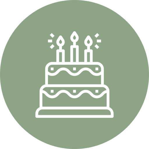 White outline of a birthday cake with three lit candles on top, shown against a green circular background. The cake has two layers with decorative icing.