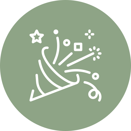 White party popper icon with confetti and star shapes on a circular, muted green background.