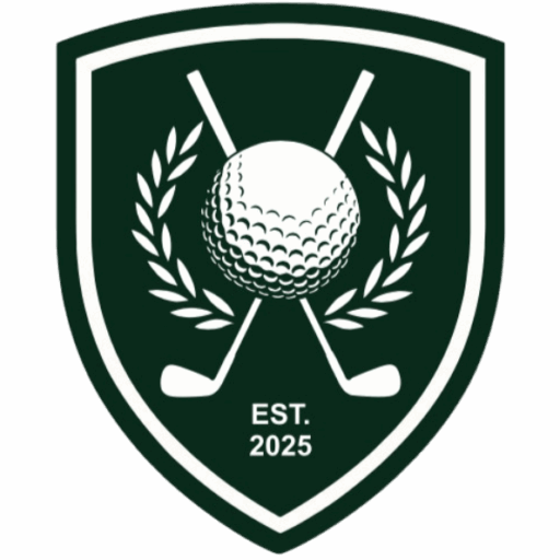A dark green shield logo featuring two crossed golf clubs, a golf ball in the center, laurel branches on each side, and the text EST. 2025 at the bottom.