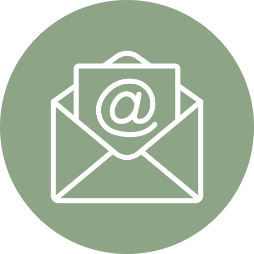 White outline of an open envelope with a paper displaying the “@” symbol, centered on a green circular background.