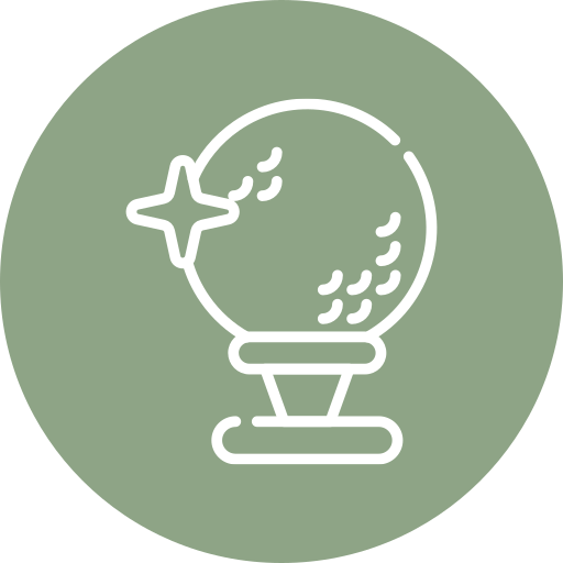 White outline icon of a crystal ball with sparkles, sitting on a stand, centered on a green circular background.