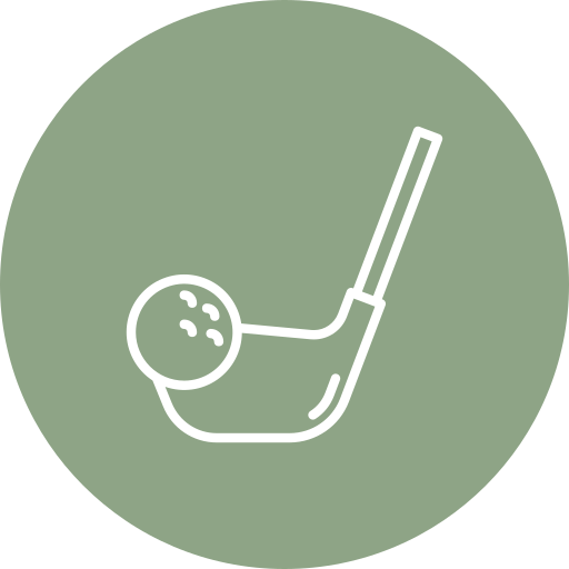 White line art illustration of a golf club and golf ball on a green circular background.