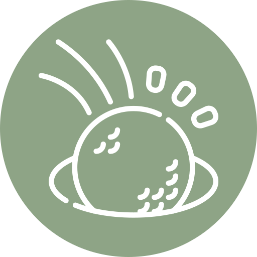 A simple white line drawing of a golf ball bouncing on the ground, with motion lines, on a green circular background.