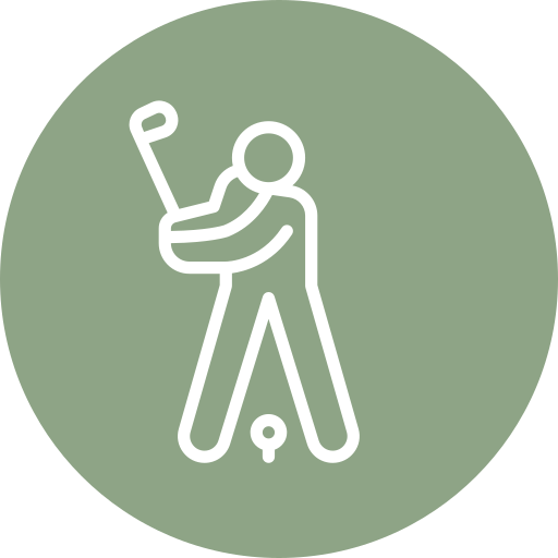 White line drawing of a person swinging a golf club at a golf ball on a tee, centered in a green circular background.