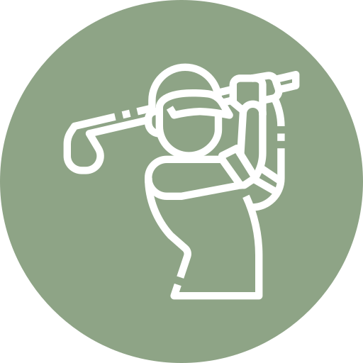 White line drawing of a golfer swinging a club, wearing a cap, inside a green circular background.