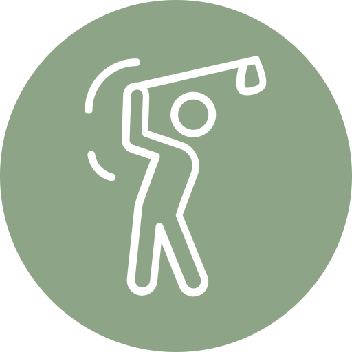 White line drawing of a person swinging a golf club on a green circular background, illustrating a golf action or golfer icon.