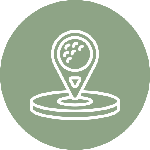 White line drawing of a location pin with a golf ball inside, placed on a circular green background, suggesting a golf course or golf location icon.