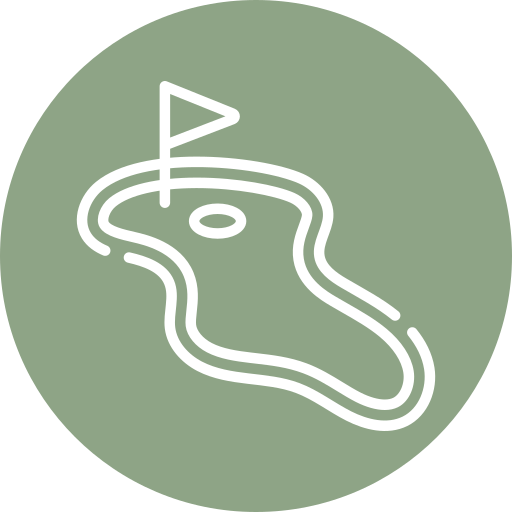 White line drawing of a golf green with a flag on it, set against a muted green circular background.