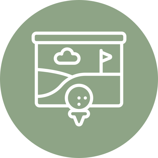 White line icon of a golf course with a flag, a golf ball, and a cloud on a green circular background.