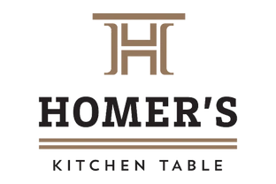 Logo with a large, stylized brown H above the text HOMERS in black capital letters, and KITCHEN TABLE in smaller letters below, separated by two horizontal brown lines.