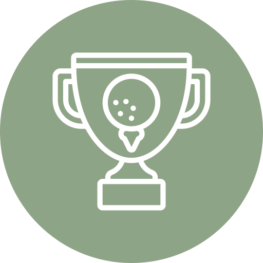 White line drawing of a trophy with a golf ball design on it, centered on a muted green circular background.